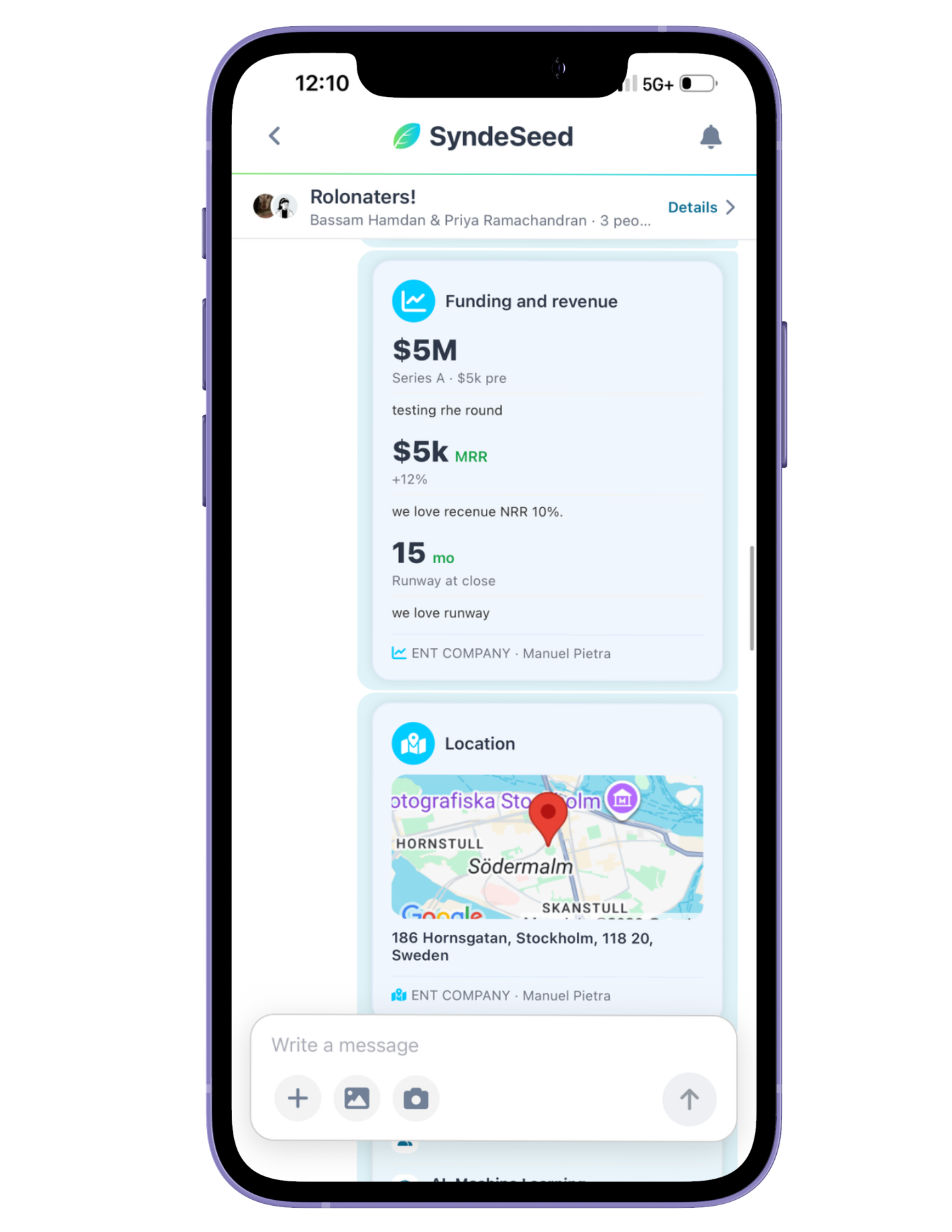 SyndeSeed conversation with a shared company profile showing funding and revenue figures and the company's location.