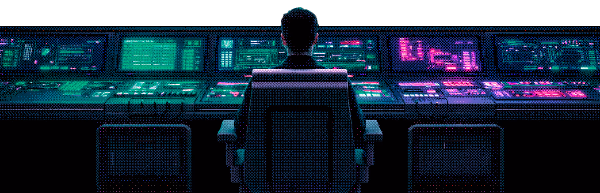 Person seated in front of a large array of illuminated control panels with green and purple displays in a dark room.