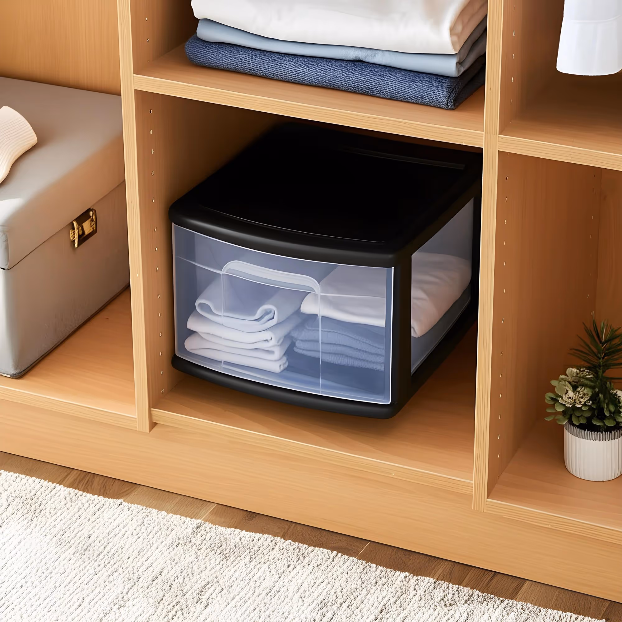 Wooden shelving unit with folded clothes and a plastic drawer organizer with more folded clothes.