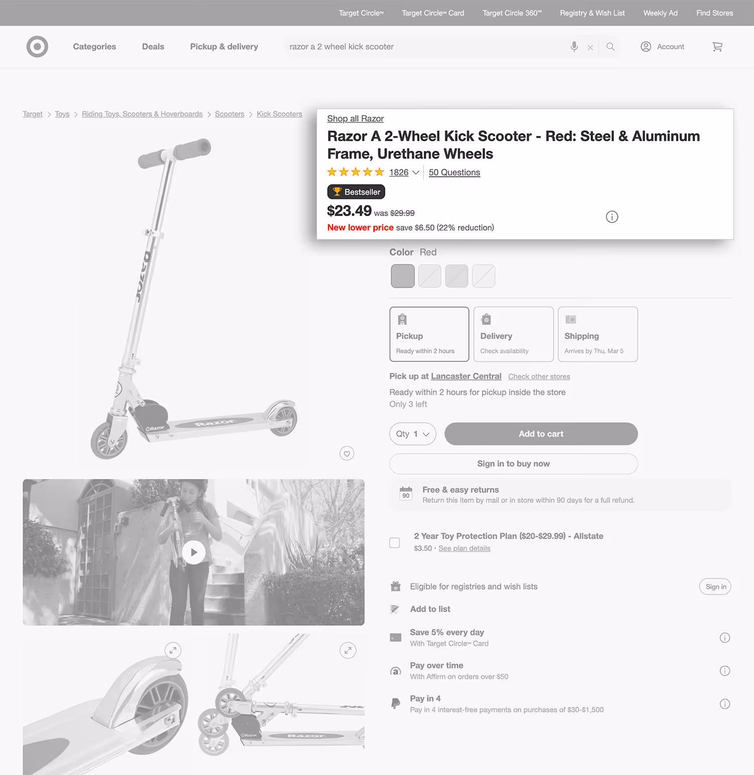 Target product page showing Razor A 2-Wheel Kick Scooter in red with steel and aluminum frame, priced at $23.49 with 5-star rating and purchase options.
