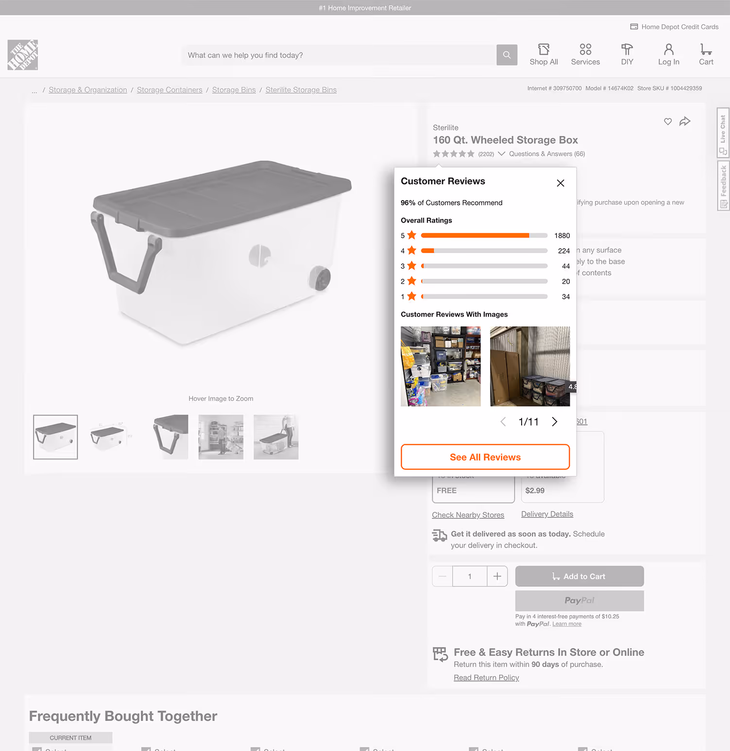 Online product page showing a Sterilite 160 Qt. wheeled storage box with handles and customer reviews summary highlighting 96% recommendation and star ratings breakdown.