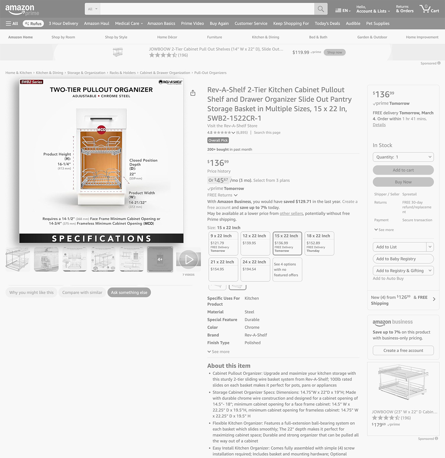 Amazon product page showing Rev-A-Shelf 2-Tier Kitchen Cabinet Pullout Shelf and Drawer Organizer with specifications and price.