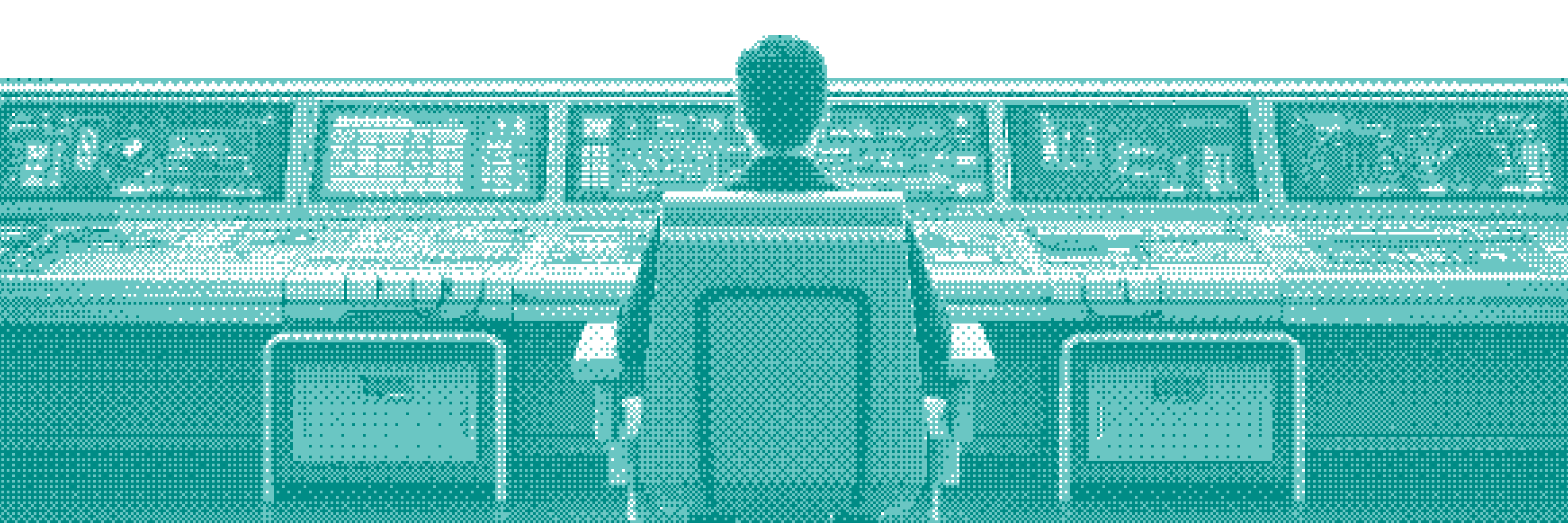 Person seated in front of a large array of illuminated control panels with green and purple displays in a dark room.