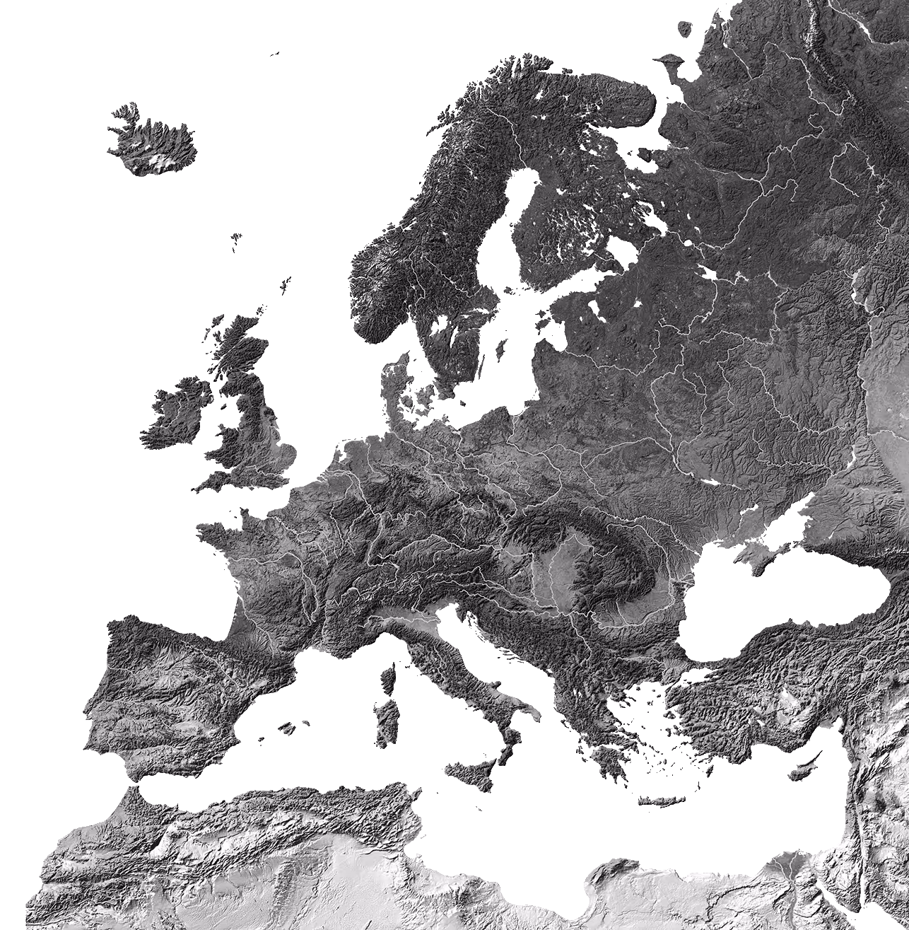 Grayscale shaded relief map of Europe showing terrain and country borders.