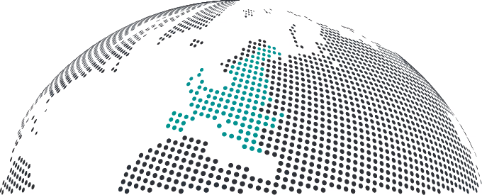 Partial pixelated globe focusing on Europe, shaded in teal, with surrounding areas in black and white halftone dots.