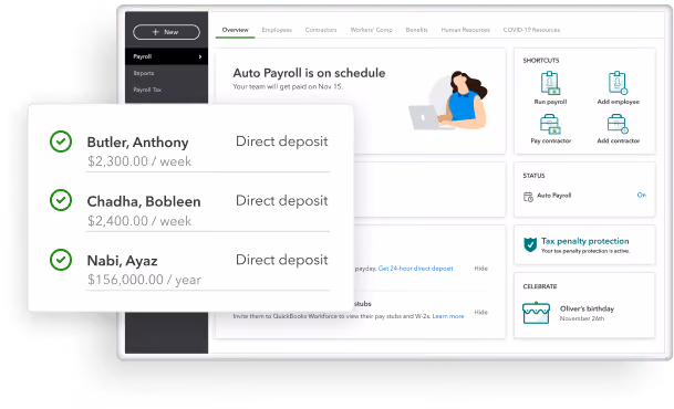 Quickbooks' payroll software dashboard