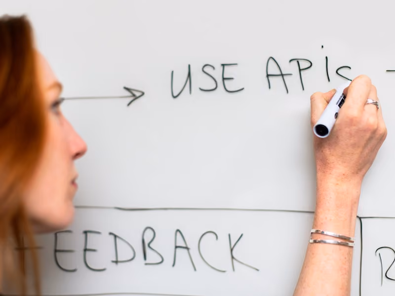 Software engineer instructing her team to use APIs
