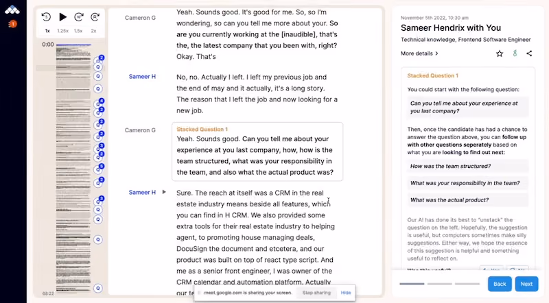 An interview transcript generated in Metaview