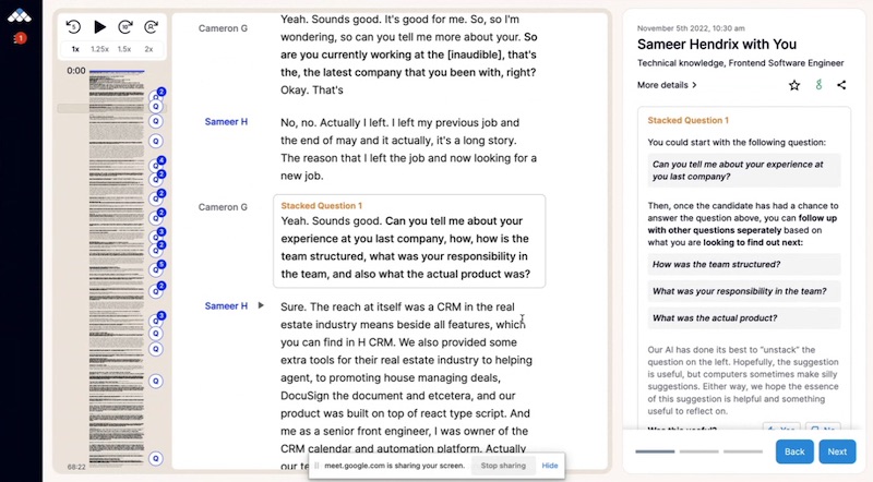 An interview transcript generated in Metaview