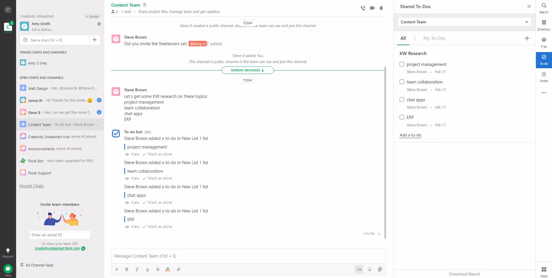 Flock team collaboration software dashboard