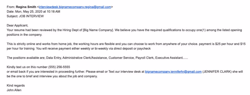 An example of poorly written communications from a fake recruiter as part of an employment scam.