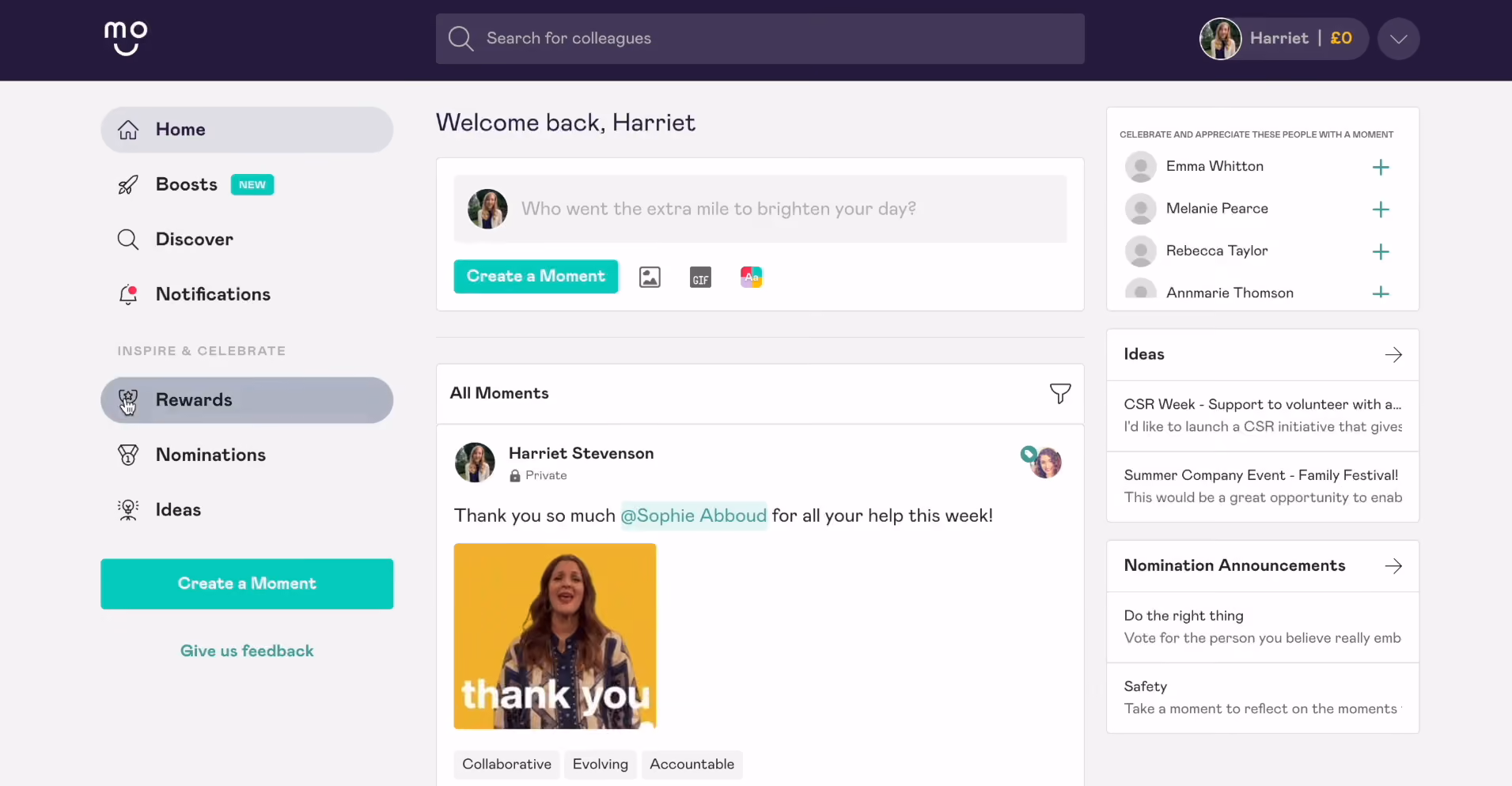 UI of employee rewards software Mo