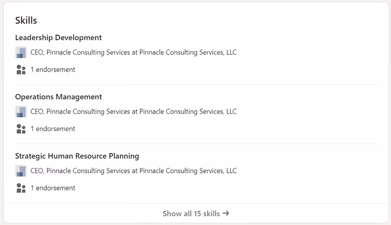 LinkedIn Skills listing section of an HR professional