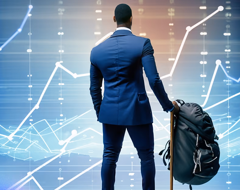 An employe.e with a backpack looking at a graph that represents their career trajectory