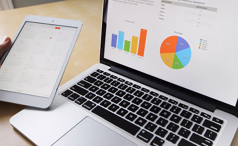 A laptop screen showing graphs that depict employee recognition statistics and data.