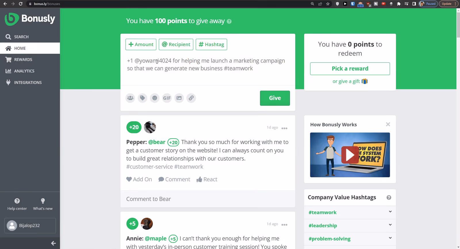 An employee recognition software’s recognition feed where employees can give shoutouts to their peers.