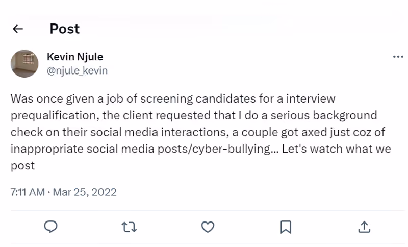 Post on social media warning job seekers that potential employers conduct social media screening as a hiring practice.