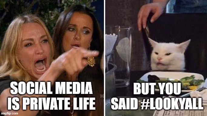 Meme depicting the views that social media is private and that the internet is publicly accessible.