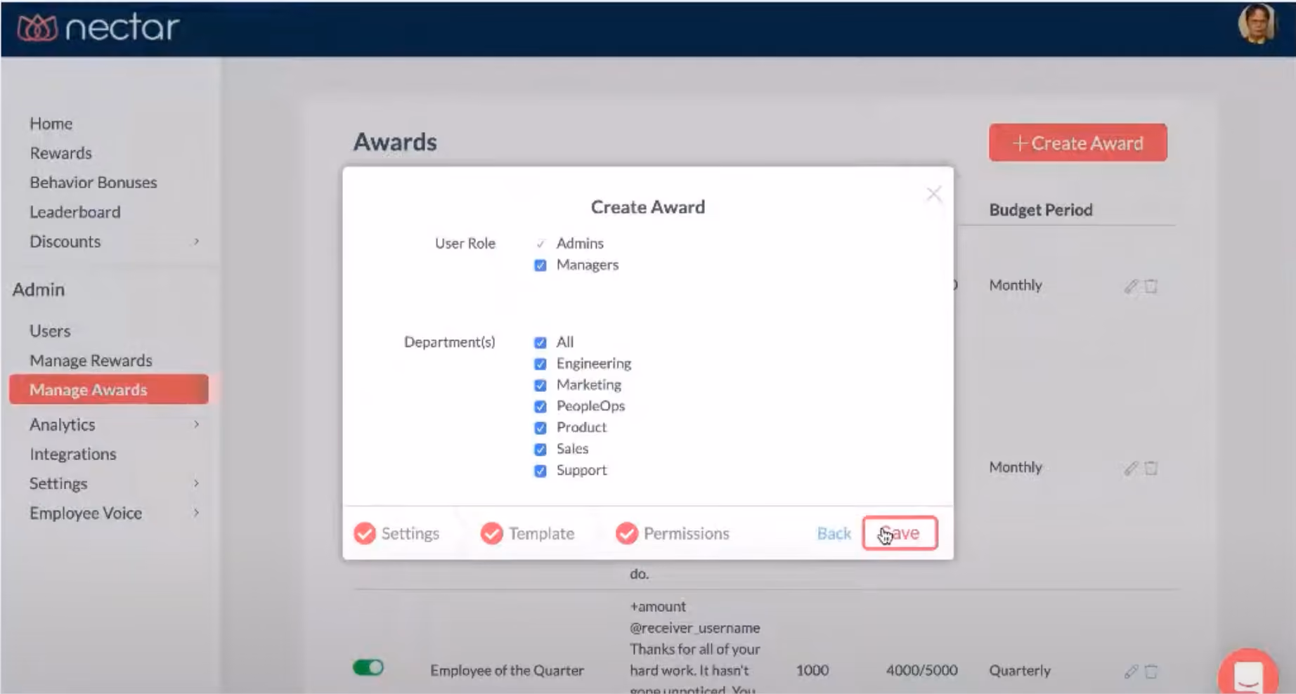 UI of reward programs for employees Nectar