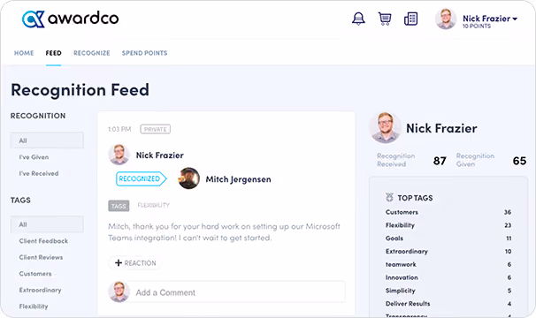 screenshot of awardco recognition feed