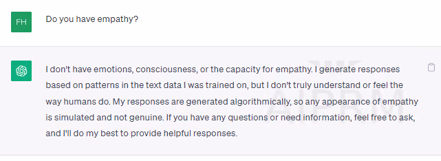 GhatGPT’s response when asked whether it can experience empathy.