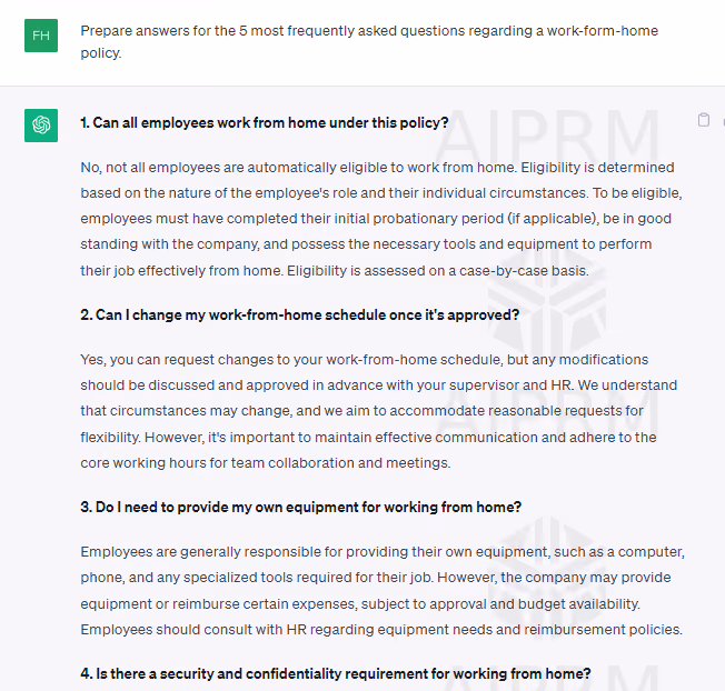 A ChatGPT prompt to answer questions related to a company’s work-from-home policy.
