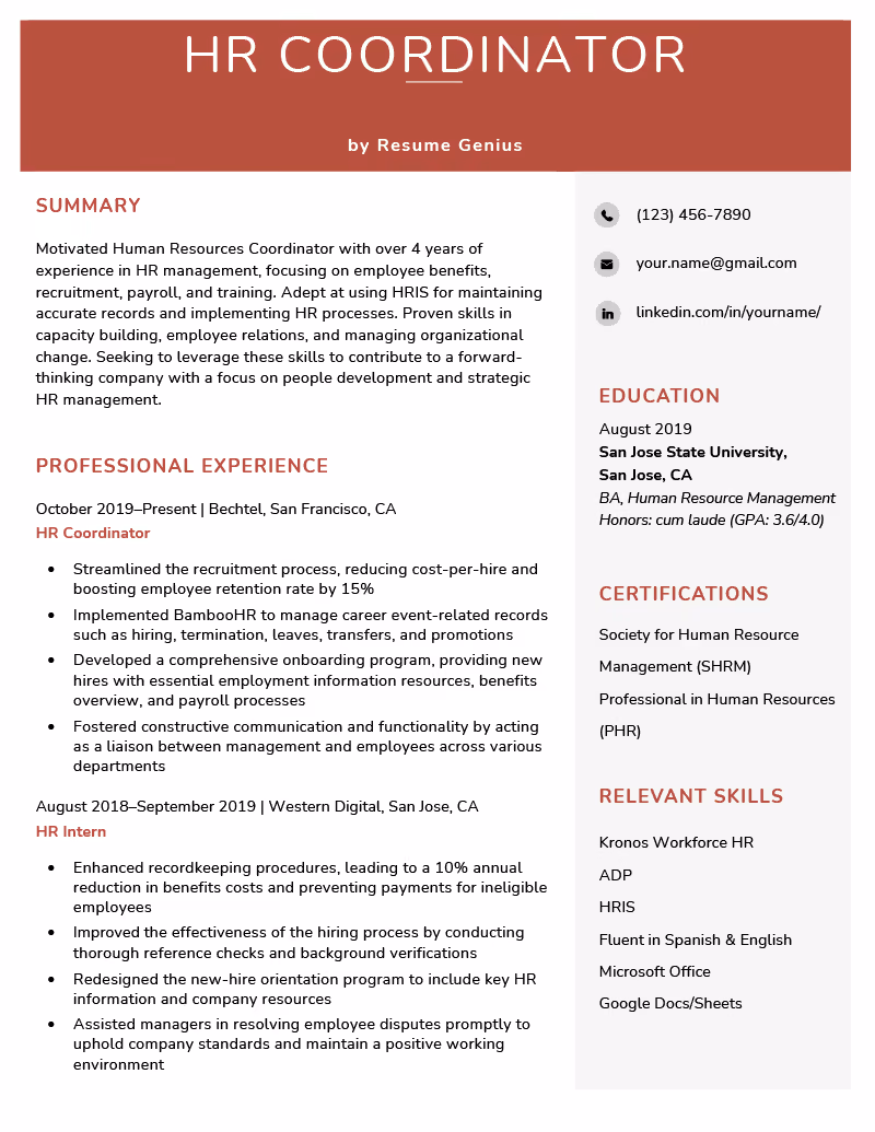 A sample of a resume for an HR coordinator position.