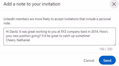 A LinkedIn Invitation to connect including an example of a personal note.