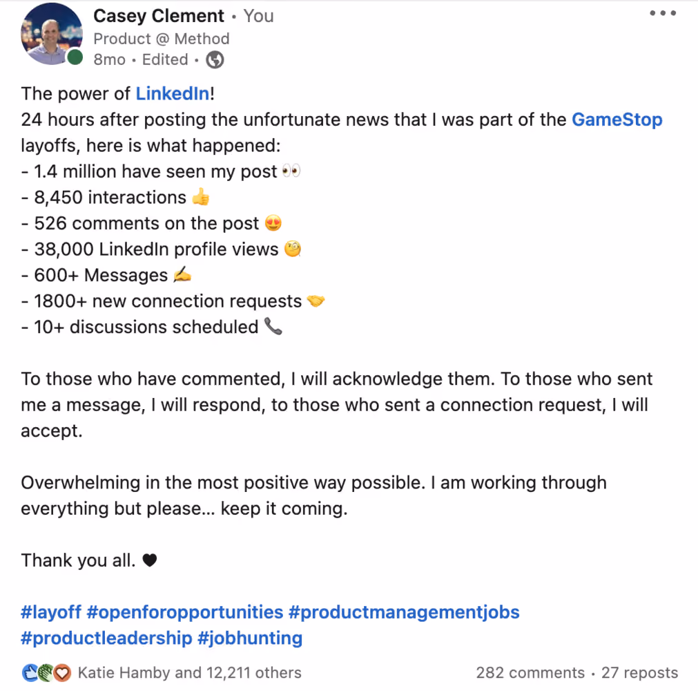 A LinkedIn post that shares results from sharing content.