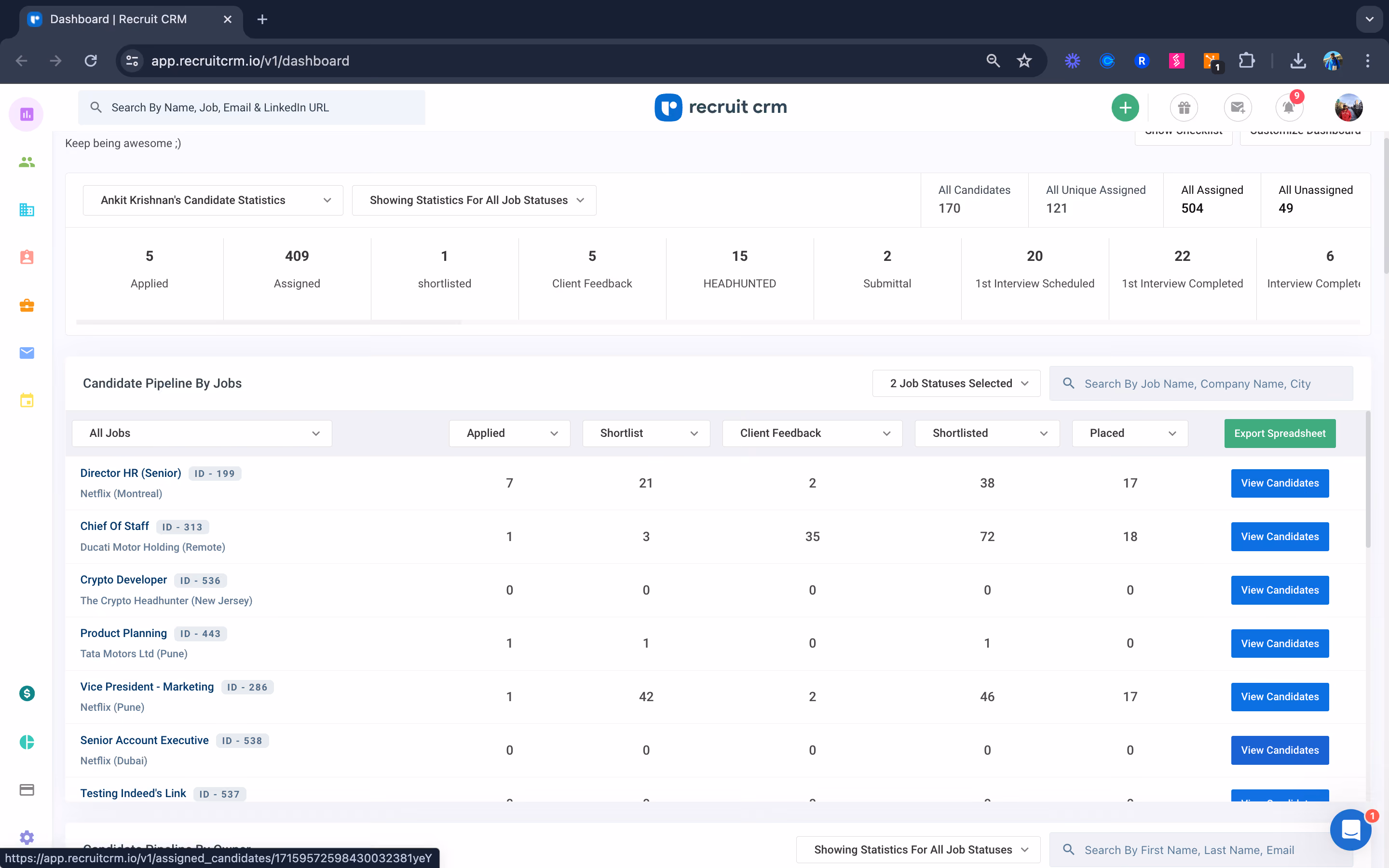 Recruit CRM’s candidate pipline by jobs dashboard