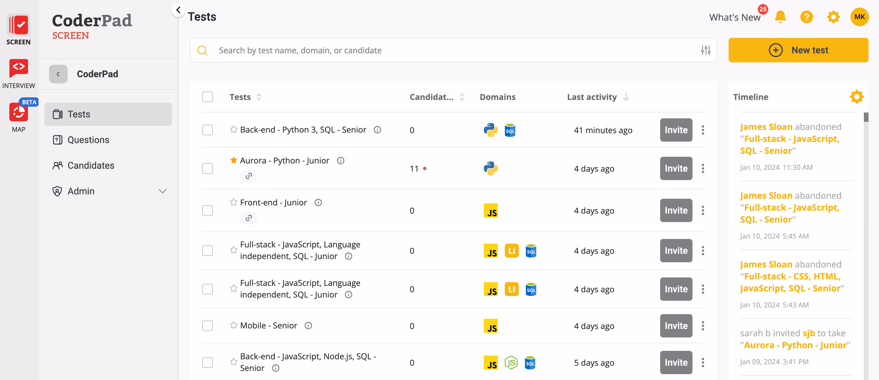 CoderPad’s Screen dashboard