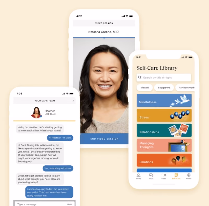Tidio mobile video session, self-care library, and care team screens