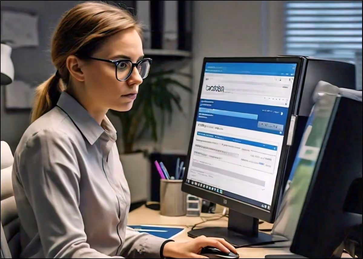 Worker accessing employee payroll portal on a computer