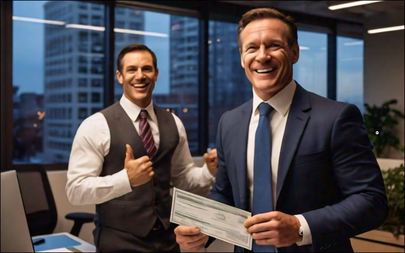 Happy employees with a paycheck