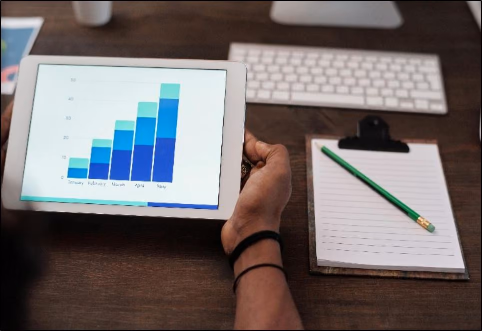 A tablet showing a bar chart.