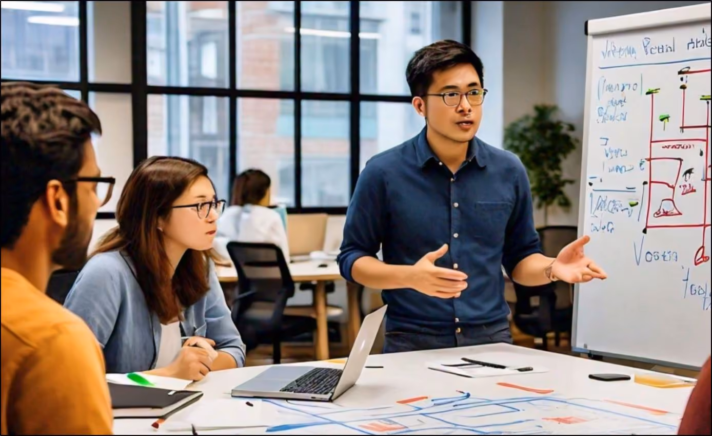 Startup founders discussing payroll on a whiteboard