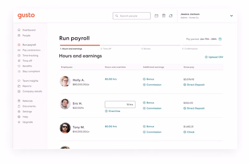 Gusto dashboard