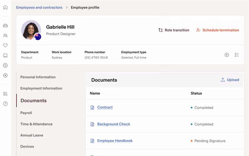 An employee profile on Rippling HRIS.