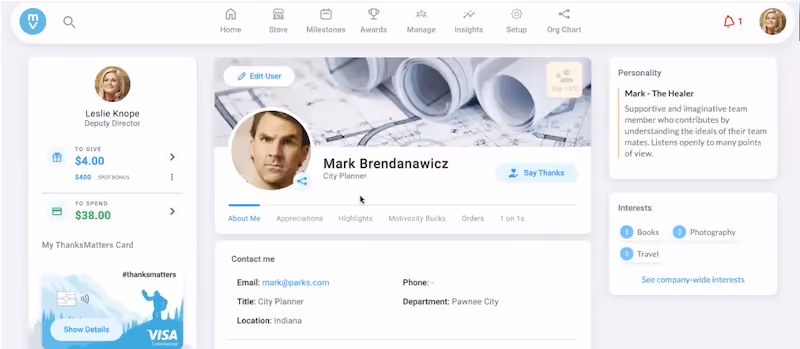 An example of an employee profile in Motivosity