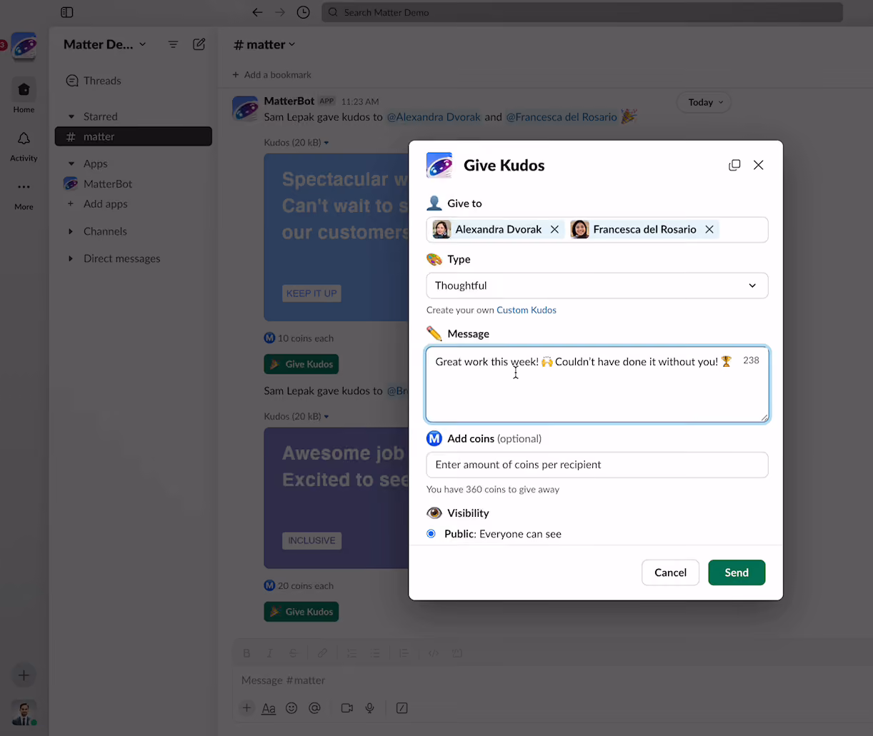 Matter allows teams to do peer-to-peer recognition within Slack