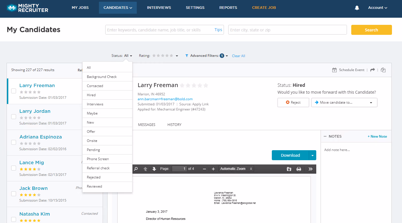 Free applicant tracking system Mighty Recruiter candidate dashboard