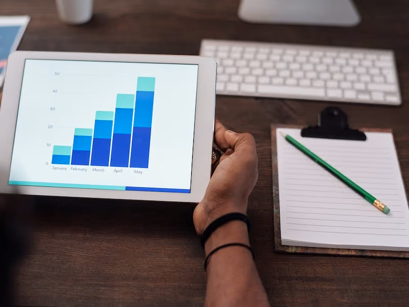 A tablet showing a combination bar chart against a backdrop of a work desk.