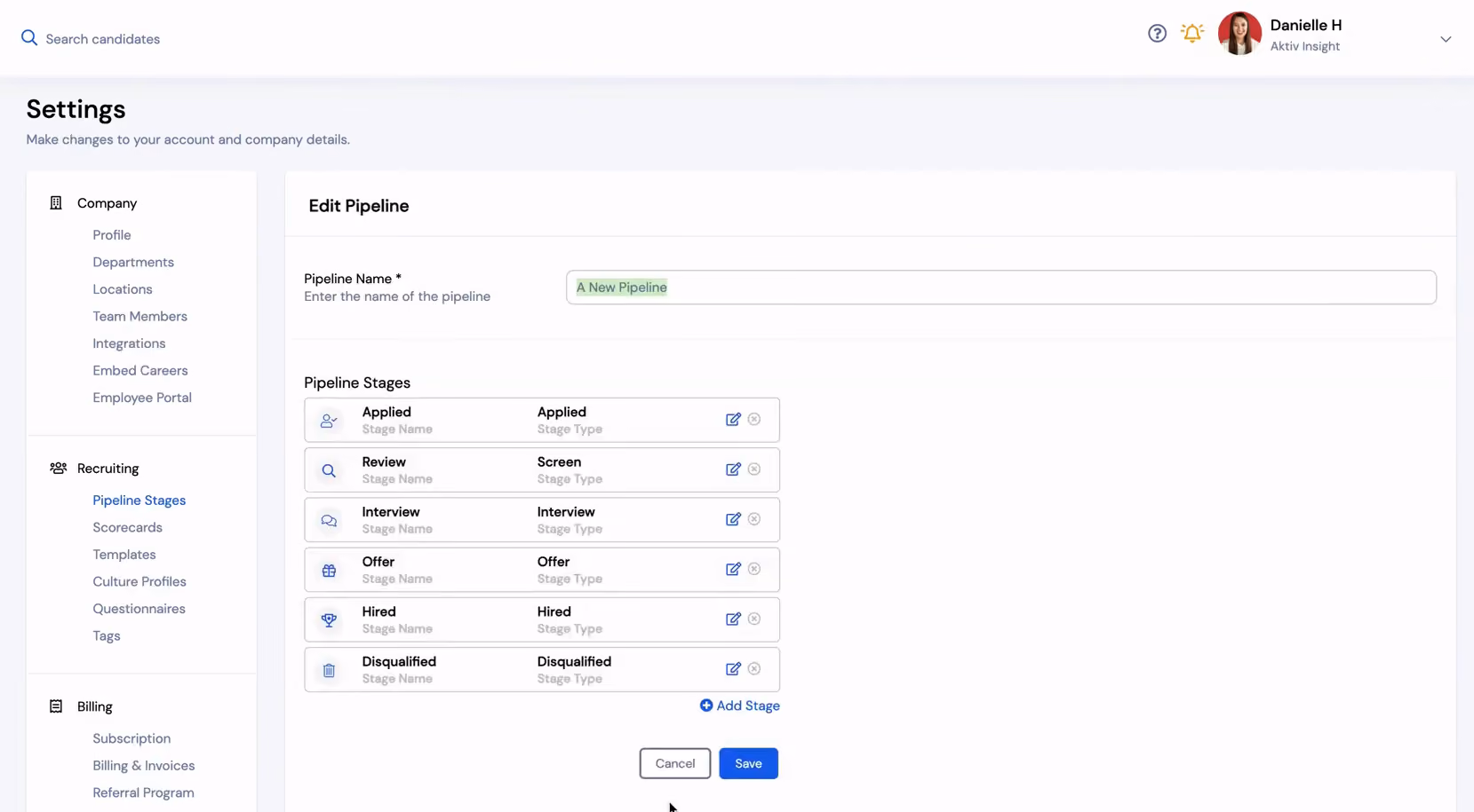 AvaHR ATS’ customizable pipeline stages