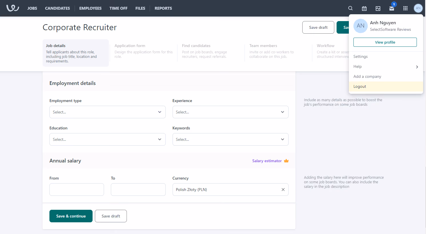 Workable recruiting software dashboard screenshot