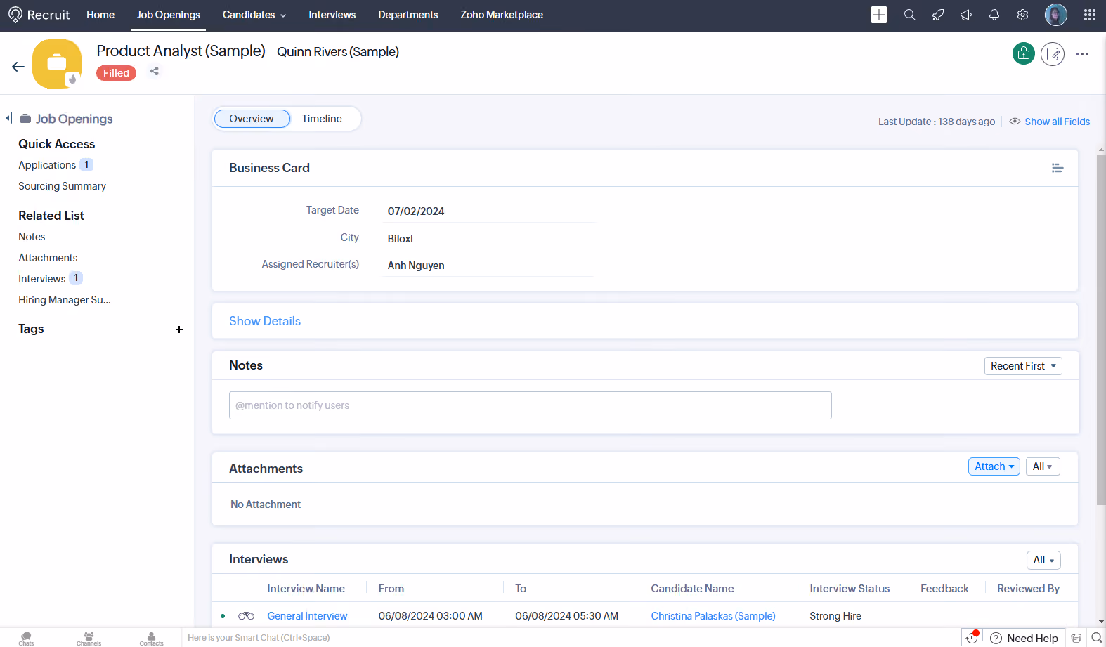 The dashboard of free ATS Zoho Recruit