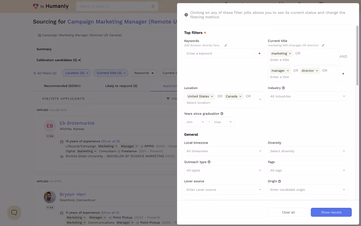 Humanly recruiting software talent filtering options