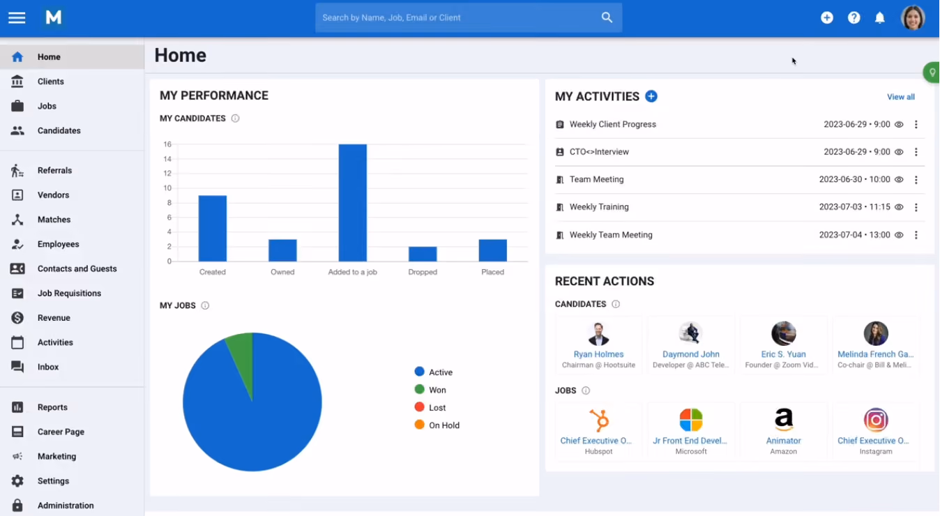 Manatal recruitment tool dashboard screenshot