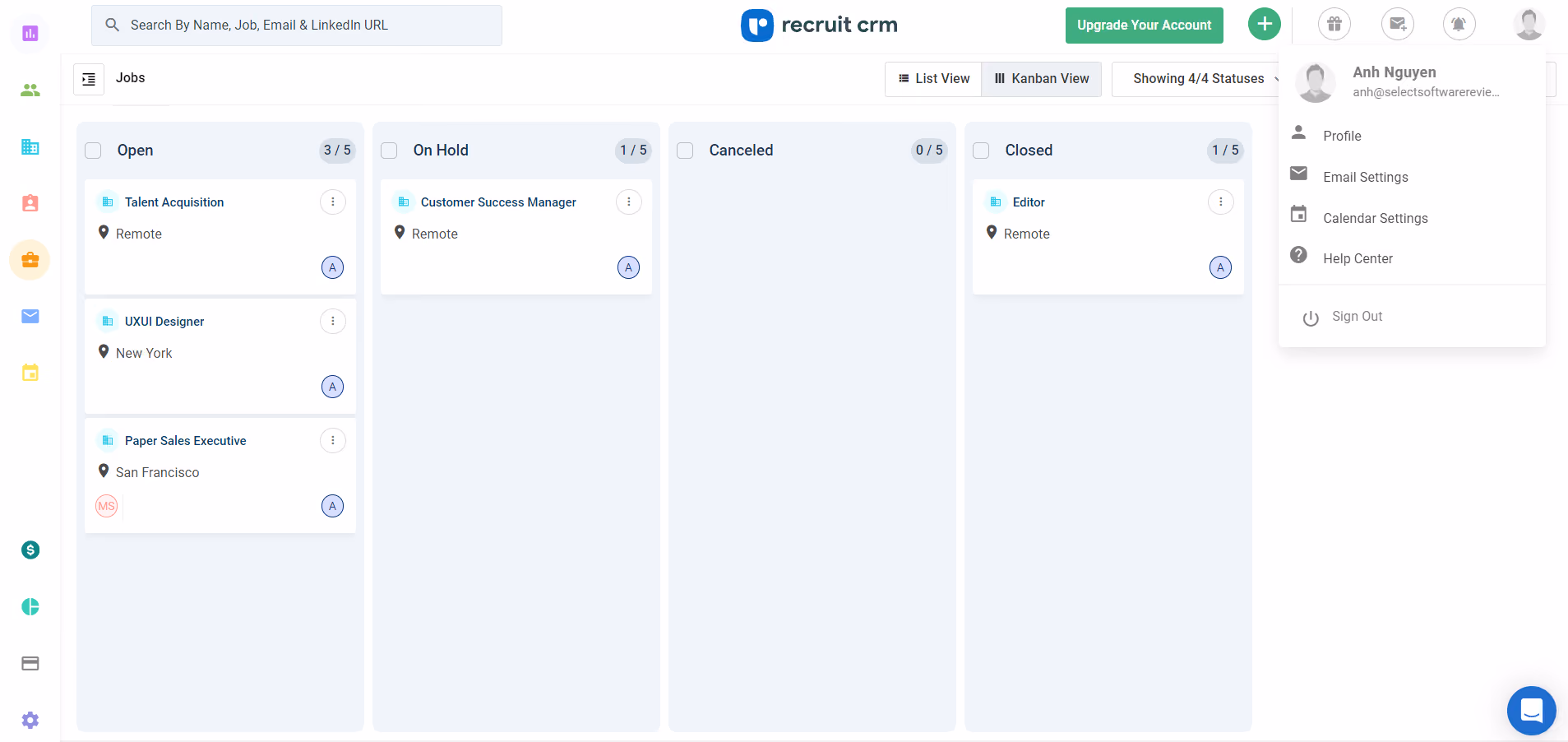 Recruit CRM recruiting tool dashboard screenshot