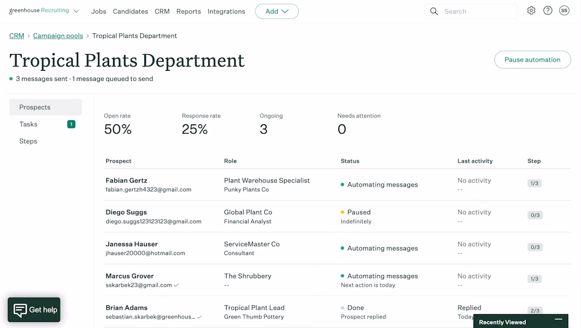 Greenhouse recruiting tool dashboard screenshot