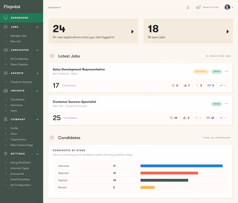 Pinpoint recruitment tool dashboard screenshot